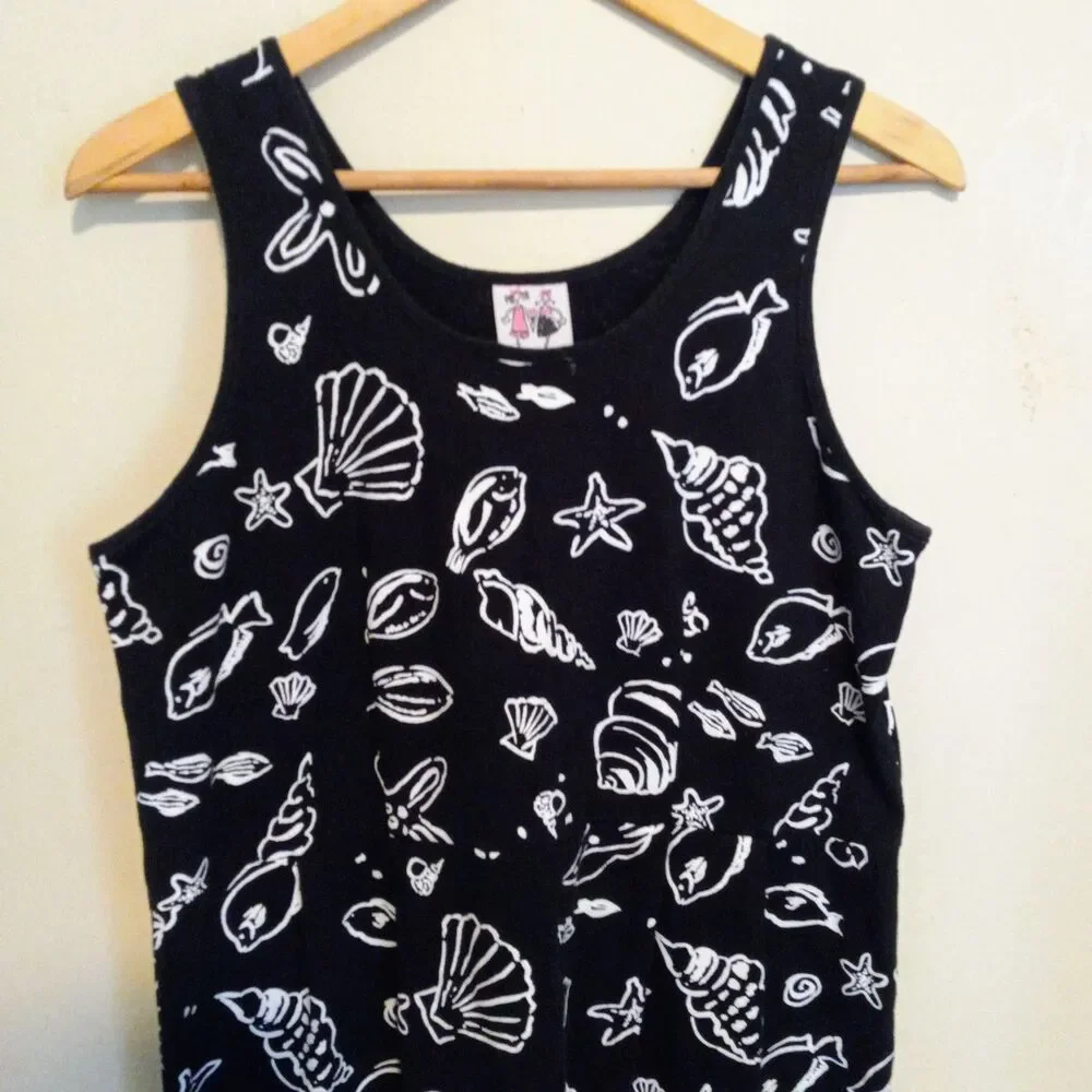 Girlfriends By Anita G Tank Dress-Medium-Fish Seashell AOP-Black-White